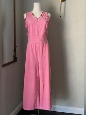 NWT RARE Juicy Couture Jumpsuit Wide Leg Pink Terry Cloth V-Neck Jumper